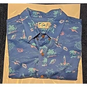 Bermies Button Down‎ Hawaiian Shirt, Large, 98% Cotton, Blue.